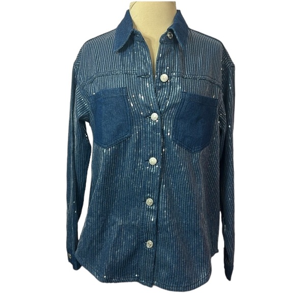 L | C Collection Blue Denim Long Sleeve Sequence Shirt - Picture 1 of 6